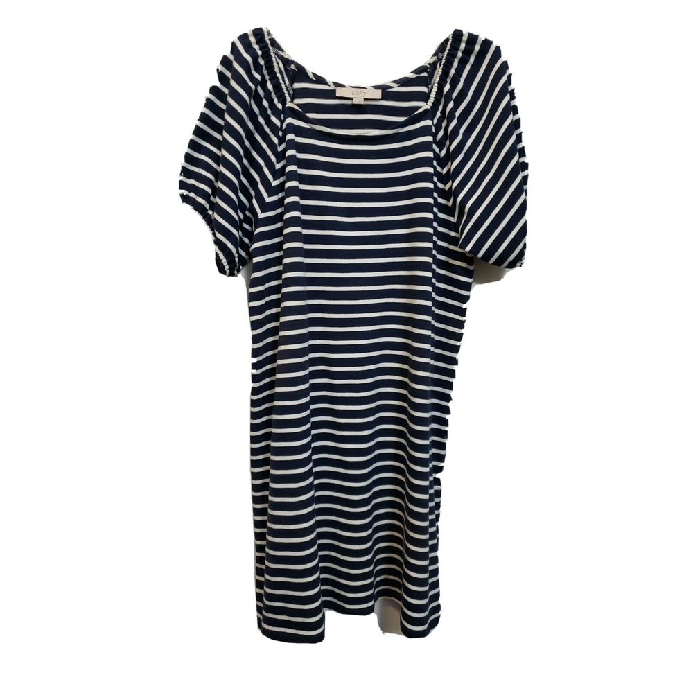 Ann Taylor LOFT Women Shift Dress  Short Sleeves Navy Blue WhIte Striped L